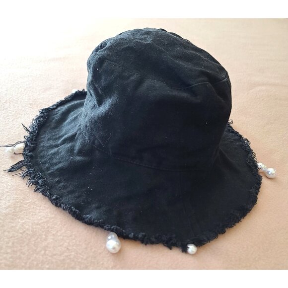 Serefina Frayed Bucket Hat Pearl Embellished Black Cotton Boho NWOT - Picture 2 of 10